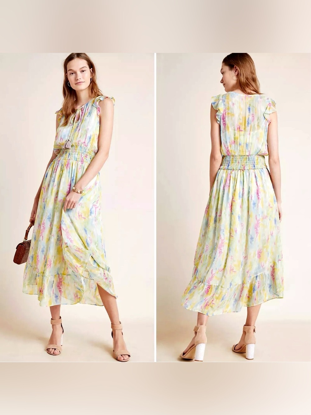 Anthropologie Watercolor Flutter Sleeve Maxi Dress